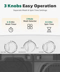 3 Knobs Easy Operation on No Sweat Portable Twin Tub Washer And Spinner Combo With Semi Automatic Compact Laundry Design.