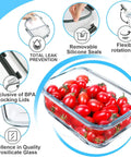 Five Pack 36 Oz Glass Meal Prep Containers With Airtight Lids BPA Free Glass Lunch Storage Set with cherry tomatoes inside.