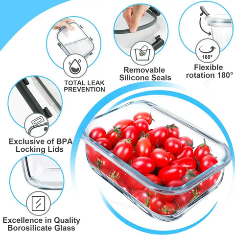 Five Pack 36 Oz Glass Meal Prep Containers With Airtight Lids BPA Free Glass Lunch Storage Set with cherry tomatoes inside.