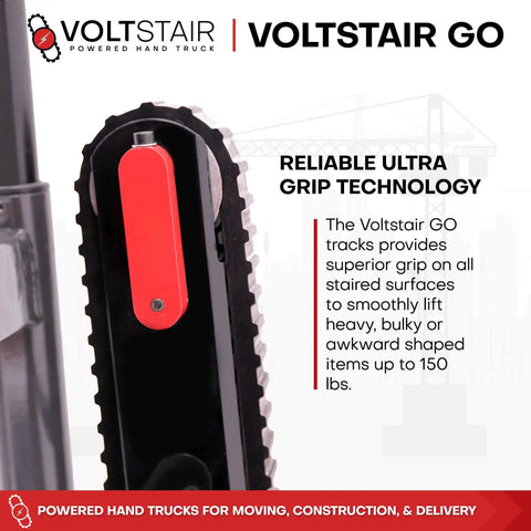 Voltstair Go Portable Electric Stair Climbing Dolly With Removable Battery Black And Red Heavy Duty Motorized Platform grip track detail.