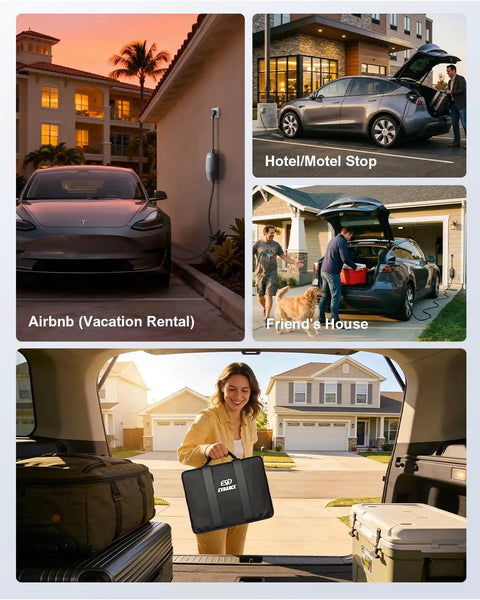 Level 1 And Level 2 Tesla Charger With 25 Ft Nacs Mobile Connector For Home Ev Charging Station shown at Airbnb and hotel stops.