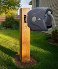 100 Ft Retractable Hose Reel With Wall Mount, Auto Rewind, 5/8 Inch Hose, Charcoal Finish on garden post, backyard view