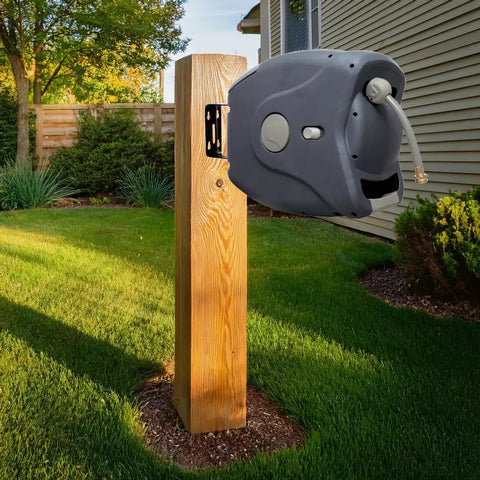 100 Ft Retractable Hose Reel With Wall Mount, Auto Rewind, 5/8 Inch Hose, Charcoal Finish on garden post, backyard view
