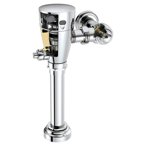 Electronic Flush Valve For Commercial Toilets 1-1/2 Inch Water Closet Chrome Finish With AccuSet Piston For Precise, Maintenance-Free Flush, Stainless Self-Cleaning Filter Protects Against Clogs, Durable Brass Body, Battery-Powered Sensor Activated. chrome flush valve with exposed internal parts