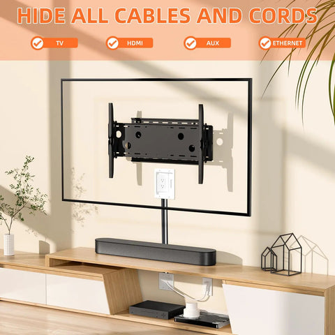 Wall Cable Concealer Kit with Brush Wall Plate and Recessed Outlet Box installed behind TV cables for seamless setup