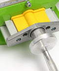 Precision Aluminum Alloy Work Table With Zero Hassle Dovetail Slides For Bench Drill close-up of adjustment knob and slides