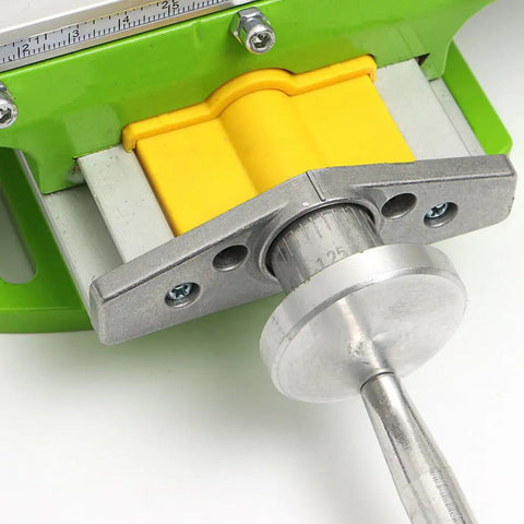 Precision Aluminum Alloy Work Table With Zero Hassle Dovetail Slides For Bench Drill close-up of adjustment knob and slides