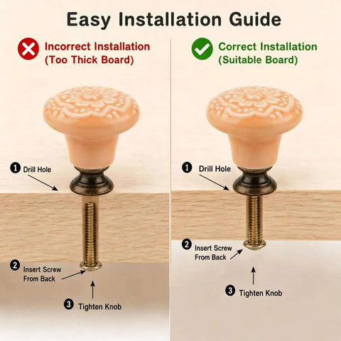 Installation guide for Set Of Six Bright Yellow Ceramic Cabinet Knobs featuring classic floral handles and screw attachments.