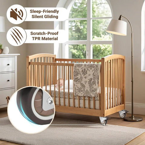 2 Inch Quiet Rubber Caster Wheels With Locking Brakes Set Of 4 Heavy Duty Ball Bearing Plate Swivel Castors For Furniture Desk Cabinet And Plant Stand No Noise Floor Friendly Safe For Kids And Pets Up To 600 Lbs Load Capacity on a wooden crib