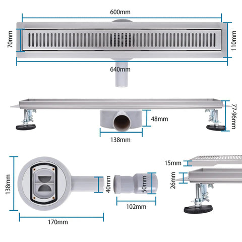 Slick Matte Black Linear Shower Drain Cut From Heavy Duty 304 Stainless Steel, 600mm length, showing dimensions and installation features.