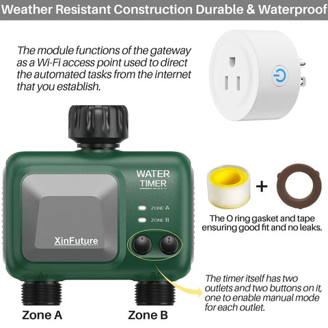 Sprinkler Timer 2 Zone With Gateway WiFi Water Timer With Rain Delay Manual And Automatic Watering System and O-ring gasket