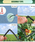 Step-by-step assembly tips for 300-piece drip irrigation kit for 1/4 inch tubing in a garden, showing tubing connection and use.