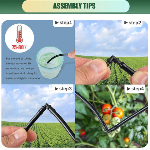 Step-by-step assembly tips for 300-piece drip irrigation kit for 1/4 inch tubing in a garden, showing tubing connection and use.