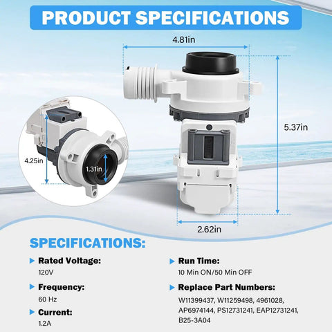 Direct Fit Washer Drain Pump Replacement For W11399437 W11259498 B25-3A04 4961028 AP6974144 PS12731241 EAP12731241 dimensions