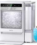 Badass Countertop Ice Maker Delivers Seven Minute Rapid Freeze, Twenty Eight Pound Daily Output, Zero Sweat Detachable Cleanup, Party Ready High Capacity Kitchen Essentials with bullet ice and glass of drink.