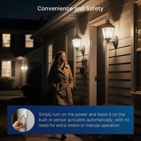 Woman outside home with lit Dusk To Dawn Outdoor Sensor A19 LED Bulb 5000K Daylight illuminating porch