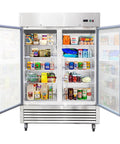 Heavy Duty 54 Inch Upright Commercial Beverage Refrigerator 42 Cubic Foot Stainless Steel Double Glass Door Beer Cooler For Bars Restaurants And Garages Featuring Fast Chill Cooling Technology with contents displayed.