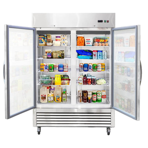 Heavy Duty 54 Inch Upright Commercial Beverage Refrigerator 42 Cubic Foot Stainless Steel Double Glass Door Beer Cooler For Bars Restaurants And Garages Featuring Fast Chill Cooling Technology with contents displayed.