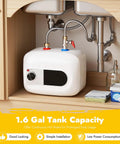Compact Under Sink Mini Water Heater Delivers No Sweat Instant Hot Water For Kitchen Bathroom And RV 1.6 Gallon 1500W Electric Tank installed under a sink.