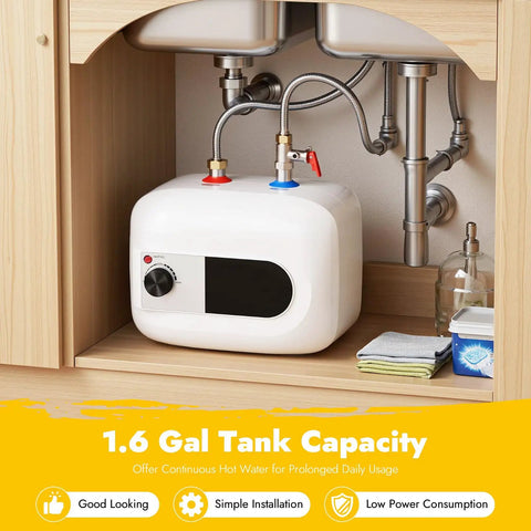 Compact Under Sink Mini Water Heater Delivers No Sweat Instant Hot Water For Kitchen Bathroom And RV 1.6 Gallon 1500W Electric Tank installed under a sink.