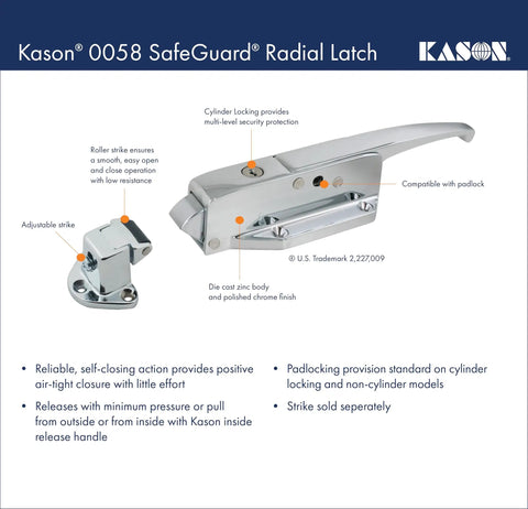 Safeguard Radial Latch With Light Spring for Smooth Self Closing Door Closure, adjustable, chrome finish, compatible with padlock.