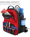 Heavy Duty Tool Backpack With 41 Pockets And Padded Laptop Sleeve For Contractors And Pros On The Go Ultra Organized Electricians Plumbers HVAC Techs Built Tough With Comfort Straps And Reflective Belt For Safe Jobsite Transport displaying open pockets with tools and documents.