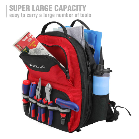 Heavy Duty Tool Backpack With 41 Pockets And Padded Laptop Sleeve For Contractors And Pros On The Go Ultra Organized Electricians Plumbers HVAC Techs Built Tough With Comfort Straps And Reflective Belt For Safe Jobsite Transport displaying open pockets with tools and documents.
