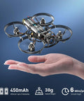 Ultra Light 1S Brushless Whoop FPV Drone hovering over a hand, showcasing 80mm micro quadcopter design and flight time details.
