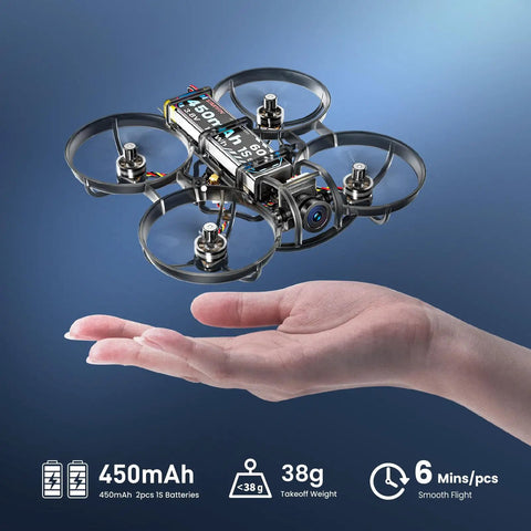 Ultra Light 1S Brushless Whoop FPV Drone hovering over a hand, showcasing 80mm micro quadcopter design and flight time details.