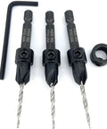 Knockout Adjustable Countersink Drill Bit Set With Tapered Twist Bits And 7/64 Inch Precision Cut featuring hex key and three bits.