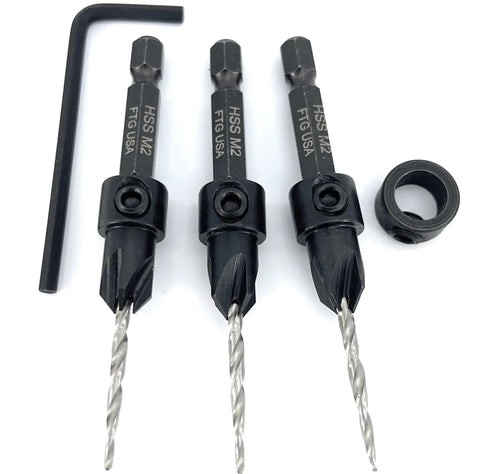 Knockout Adjustable Countersink Drill Bit Set With Tapered Twist Bits And 7/64 Inch Precision Cut featuring hex key and three bits.