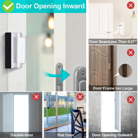2 Pack Door Reinforcement Lock for Front Door Home Security Upgrade fits inward opening doors, shows correct and incorrect installations.