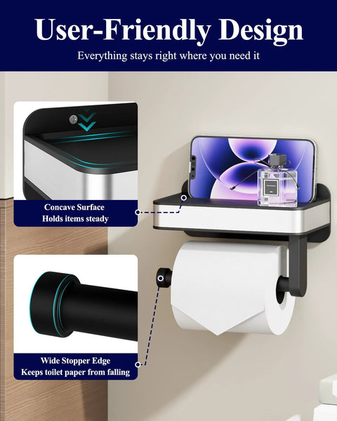 Toilet Paper Holder With Top Shelf And Phone Storage Adhesive And Screw Wall Mount Matte Black Bathroom Organizer For Washroom And RV Space Saving 7 Point 1 Inch Wide