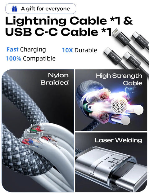 Lightning and USB-C cables with nylon braided exterior, high strength core, laser welding, for 90W Dual PD3.0 Car Charger.