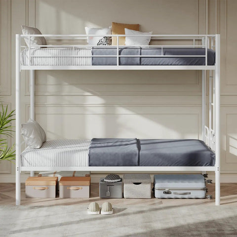 Heavy Duty Twin Over Twin Metal Bunk Bed With Sturdy Steel Ladder High Safety Guardrails Built Tough For Kids Teens Adults Dorm Room Extra Thick Steel Slats Keep It Rock Solid And Totally Squeak Free White in a modern room with gray bedding.