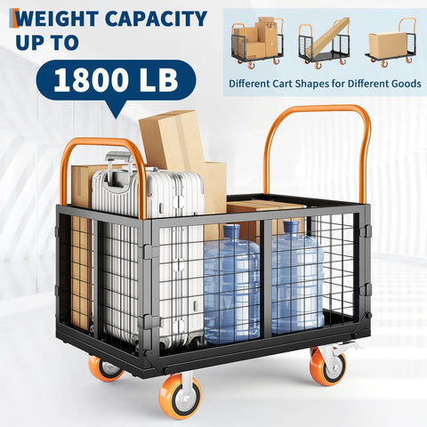 Heavy Duty Folding Utility Cart And Cage Platform Truck With 1800 Lb Capacity holding boxes and water bottles, showcasing sturdy design.