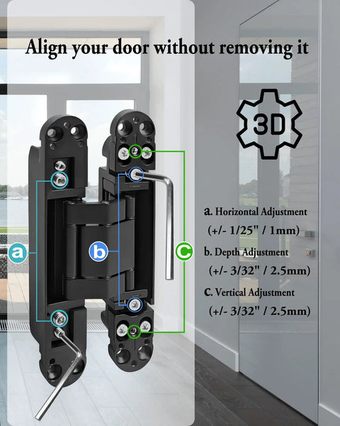 Heavy Duty 7 Inch Invisible Hidden Door Hinges Zinc Alloy Concealed Hinge System for large wood doors with adjustment features.
