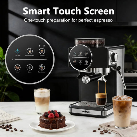 Level Up Your Daily Coffee Drip With This Pro Espresso Machine And Built In Grinder Featuring 20 Bar Pressure A Milk Frother Steam Wand And Spacious 60 Oz Tank For Barista Level Sips At Home, smart touch screen, espresso drinks preparation.