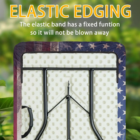 Elastic edging of Picnic Table Cover Set With Bench Covers For 6 Ft Tables, showcasing retro American flag design pattern.