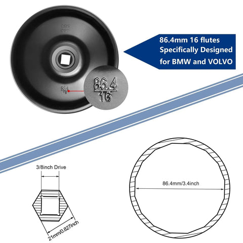 Professional Grade 86.4Mm Oil Filter Wrench With 16 Flats For Bmw And Volvo Smooth Top Caps Steel Socket Removal Kit illustration