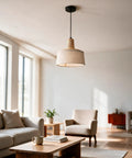 milaruoro Pendant Light with Bamboo and Fabric Shade, Black Hanging Light Fixture for Kitchen Island, Modern Farmhouse Lighting for Dining Room Bedroom Living Room Hallway in a modern living room.