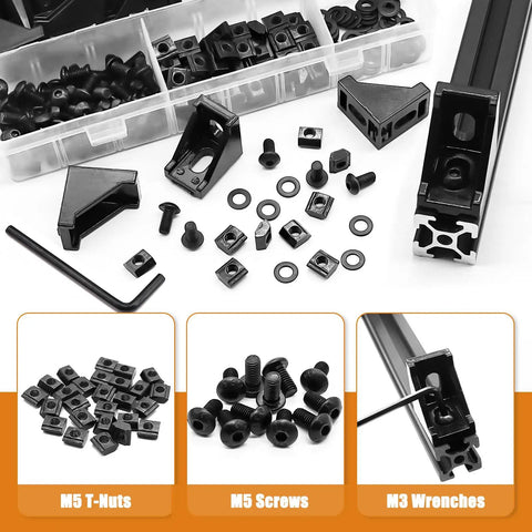 30 Piece 2020 Series Aluminum T Slot Rail Connector Kit With 2028 Corner Bracket For DIY Framing And Projects Includes T Slot Sliding Nuts And M5 Hex Screws For Aluminum Rail Accessories displayed on a table