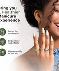 Smiling woman showing nails using HEMA Free Gel Polish Base Coat And Top Coat Set No Wipe Soak Off UV Long Lasting Glossy Finish