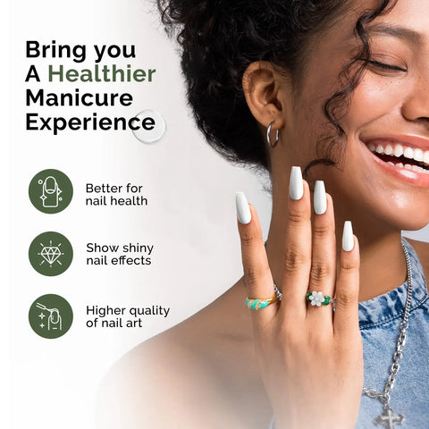 Smiling woman showing nails using HEMA Free Gel Polish Base Coat And Top Coat Set No Wipe Soak Off UV Long Lasting Glossy Finish