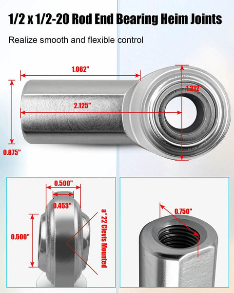 Stainless Steel Rod End Bearing Heim Joint 1/2 x 1/2-20 RH Female Thread Heavy Duty Workhorse Grade With High Load Capacity Ultra Precision Low Noise One Way Lubrication Valve For Quick Oil Injection Locking Ball and Copper Ring, 4-pack, C1045 steel