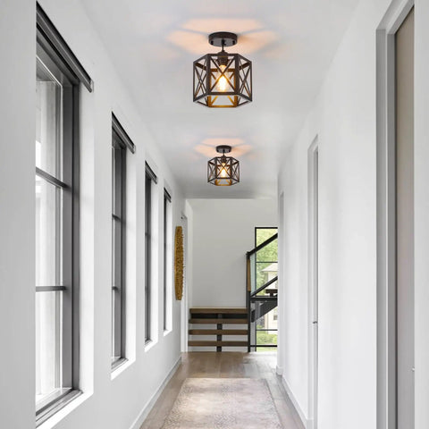 Hallway with installed Farmhouse Pendant Lights 2 Pack Modern Black Hanging Light Fixtures with Hexagonal Cage ceiling lights.