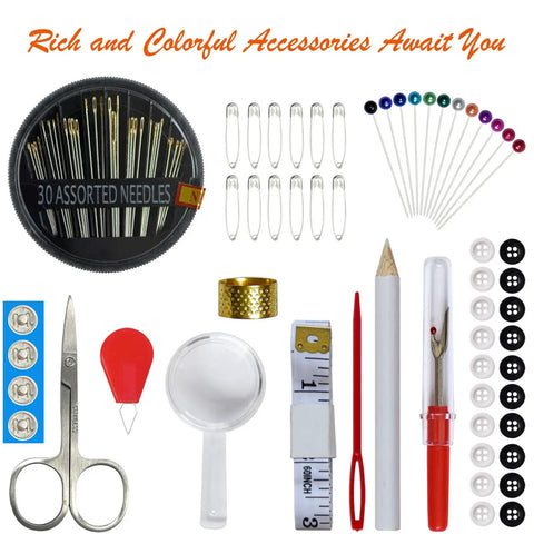 Grab And Go Portable Sewing Kit With Case For Home And Travel, Beginner Friendly Emergency Ready, accessories including needles, pins, and scissors.