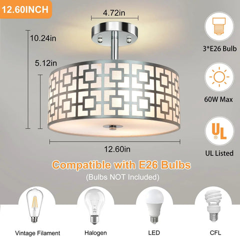 Three Light Flush Mount Ceiling Light In Brushed Nickel With A Modern Drum Design And Double Shade Silver Kitchen Dining Room Fixture