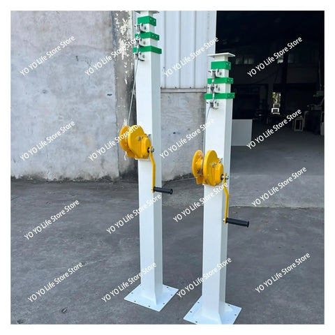 Heavy Duty Telescopic Lifting Mast With Manual Hand Crank Winch For Site Lighting And Rigging Easy Height Adjustment From Three To Nine Meters Modular Build Lets You Flex Your Reach, showing two steel masts with yellow winches.