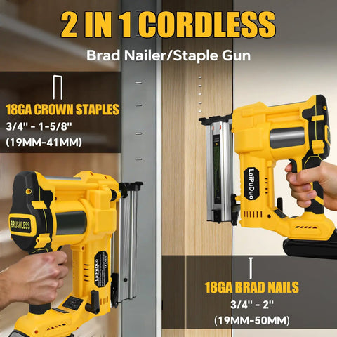 Cordless 2 In 1 Brad Nailer And Staple Gun Compatible With 20v Batteries, Heavy Duty 18 Nail Gun With 800 Fasteners, Slick Trigger No Drama Operation For Woodworking, Home Framing, Furniture Assembly, And Upholstery Jobs